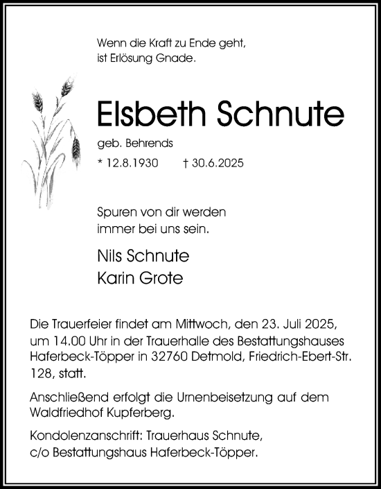 Anzeige  Elsbeth Schnute  Lippische Landes-Zeitung