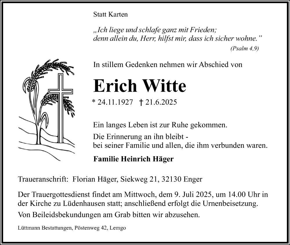  Traueranzeige für Erich Witte vom 28.06.2025 aus Lippische Landes-Zeitung