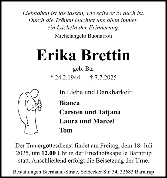 Anzeige  Erika Brettin  Lippische Landes-Zeitung
