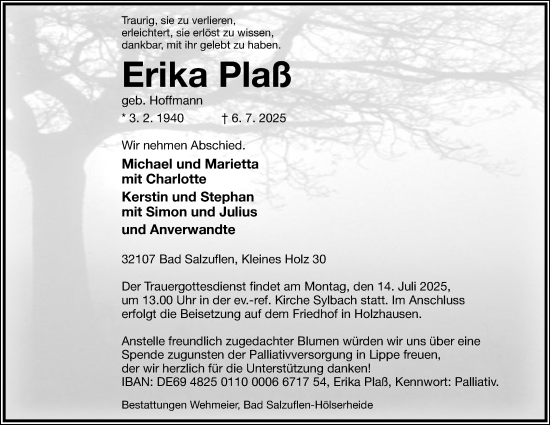 Anzeige  Erika Plaß  Lippische Landes-Zeitung