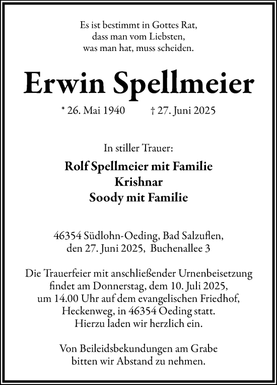 Anzeige  Erwin Spellmeier  Lippische Landes-Zeitung
