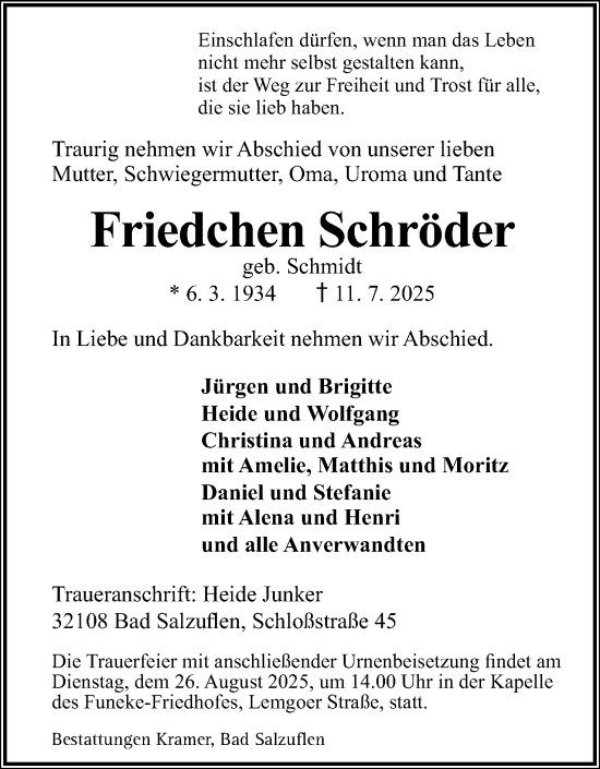 Anzeige  Friedchen Schröder  Lippische Landes-Zeitung