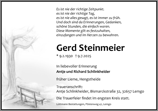 Anzeige  Gerd Steinmeier  Lippische Landes-Zeitung