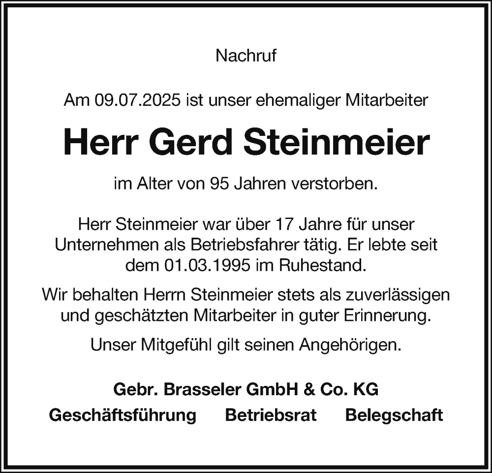  Traueranzeige für Gerd Steinmeier vom 26.07.2025 aus Lippische Landes-Zeitung