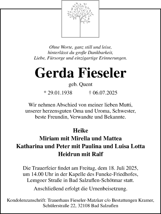 Anzeige  Gerda Fieseler  Lippische Landes-Zeitung
