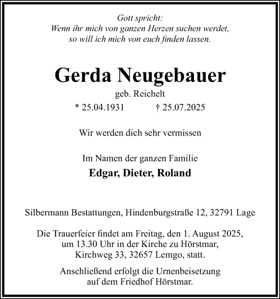 Anzeige  Gerda Neugebauer  Lippische Landes-Zeitung