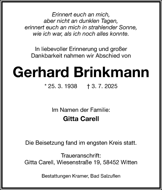 Anzeige  Gerhard Brinkmann  Lippische Landes-Zeitung