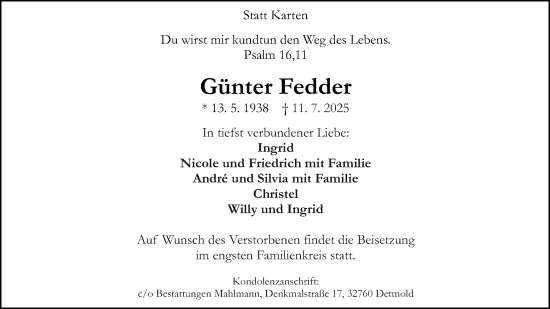 Anzeige  Günter Fedder  Lippische Landes-Zeitung