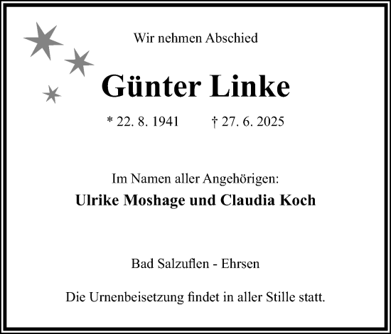 Anzeige  Günter Linke  Lippische Landes-Zeitung