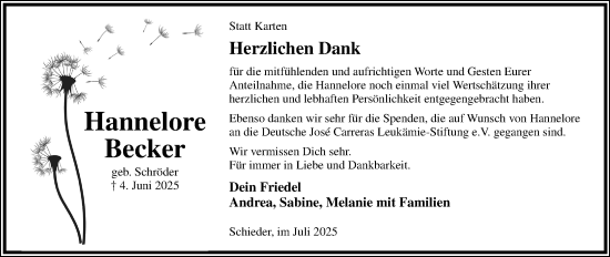 Anzeige  Hannelore Becker  Lippische Landes-Zeitung