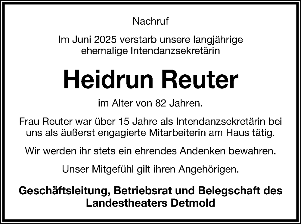  Traueranzeige für Heidrun Reuter vom 12.07.2025 aus Lippische Landes-Zeitung