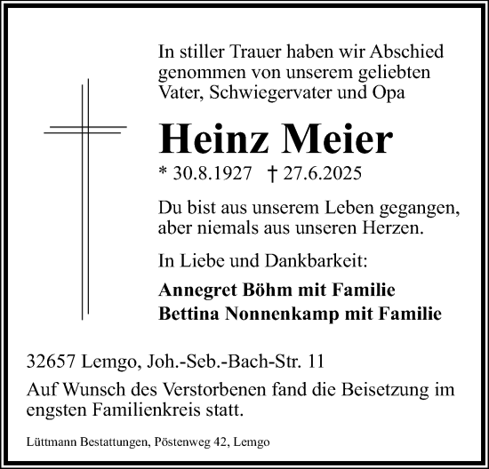 Anzeige  Heinz Meier  Lippische Landes-Zeitung