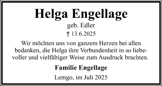 Anzeige  Helga Engellage  Lippische Landes-Zeitung