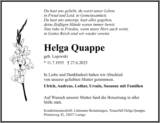 Anzeige  Helga Quappe  Lippische Landes-Zeitung