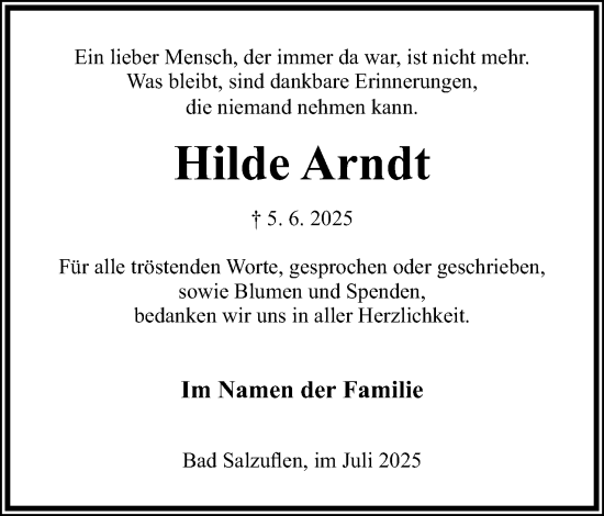 Anzeige  Hilde Arndt  Lippische Landes-Zeitung