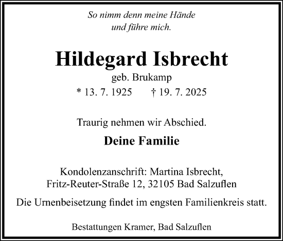 Anzeige  Hildegard Isbrecht  Lippische Landes-Zeitung
