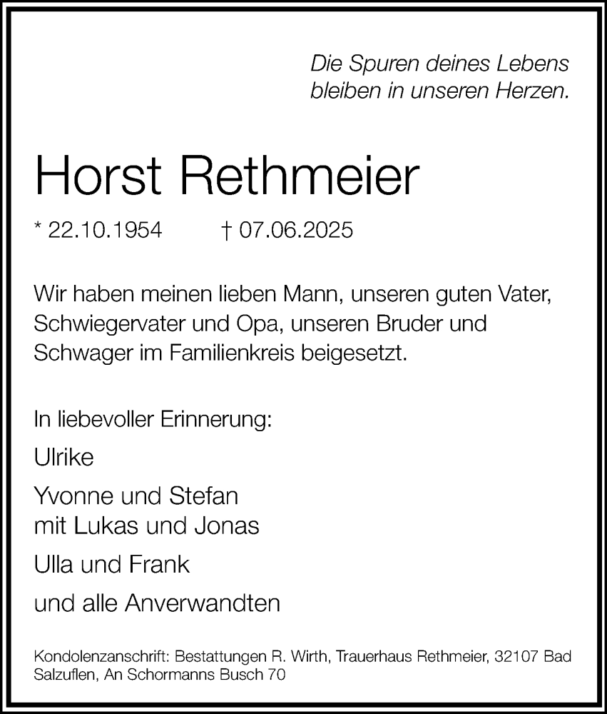 Traueranzeige für Horst Rethmeier vom 28.06.2025 aus Lippische Landes-Zeitung