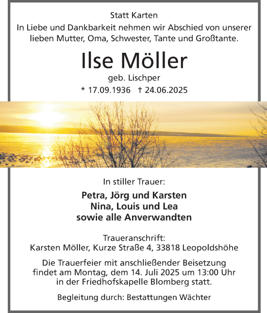 Anzeige  Ilse Möller  Lippische Landes-Zeitung