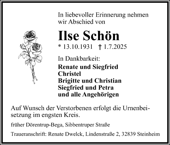 Anzeige  Ilse Schön  Lippische Landes-Zeitung