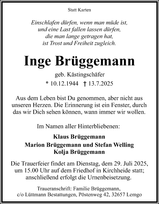 Anzeige  Inge Brüggemann  Lippische Landes-Zeitung