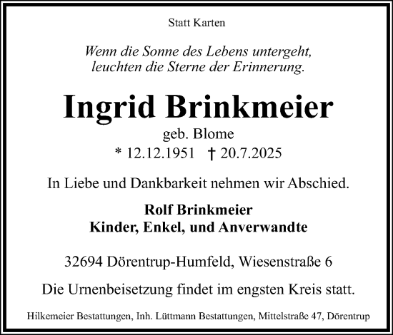 Anzeige  Ingrid Brinkmeier  Lippische Landes-Zeitung