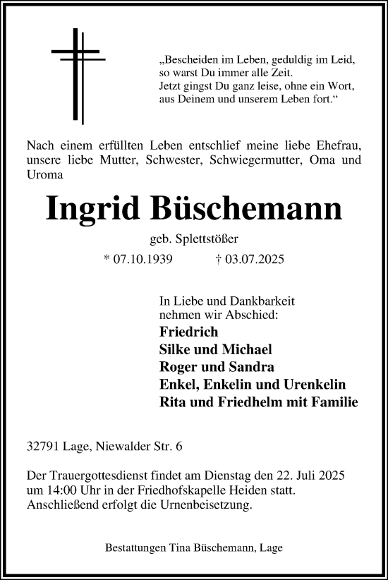 Anzeige  Ingrid Büschemann  Lippische Landes-Zeitung