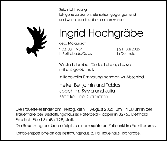 Anzeige  Ingrid Hochgräbe  Lippische Landes-Zeitung