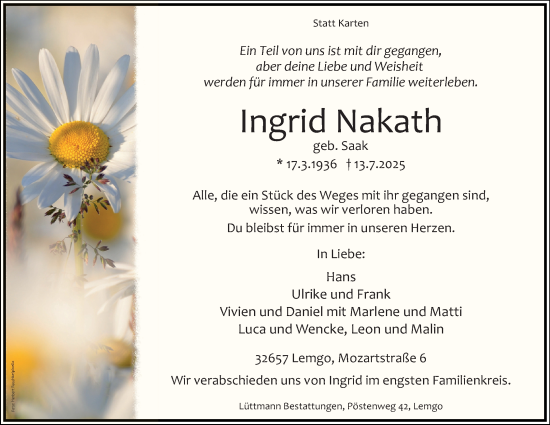 Anzeige  Ingrid Nakath  Lippische Landes-Zeitung