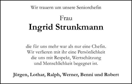 Anzeige  Ingrid Strunkmann  Lippische Landes-Zeitung