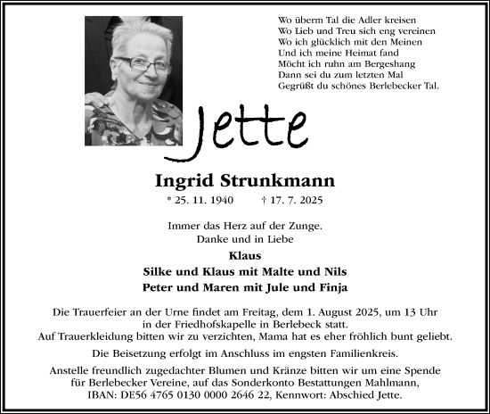 Anzeige  Ingrid Strunkmann  Lippische Landes-Zeitung