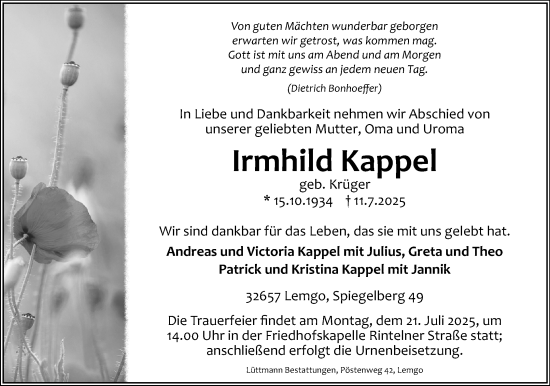 Anzeige  Irmhild Kappel  Lippische Landes-Zeitung