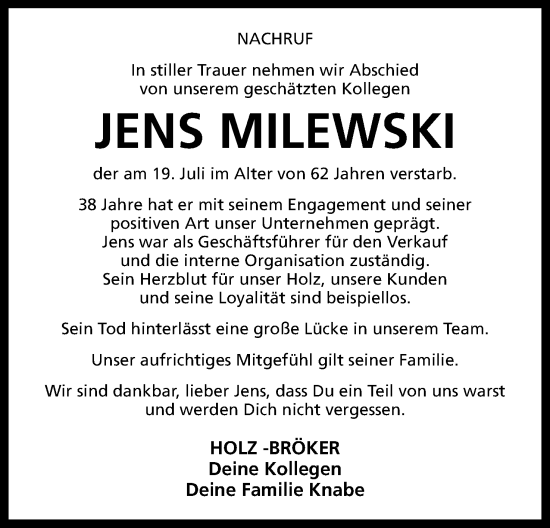 Anzeige  Jens Milewski  Lippische Landes-Zeitung