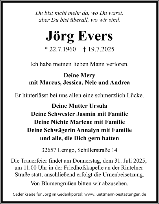 Anzeige  Jörg Evers  Lippische Landes-Zeitung