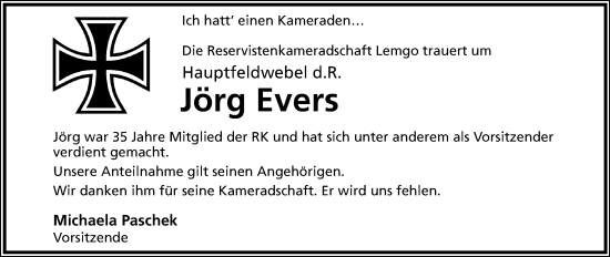Anzeige  Jörg Evers  Lippische Landes-Zeitung