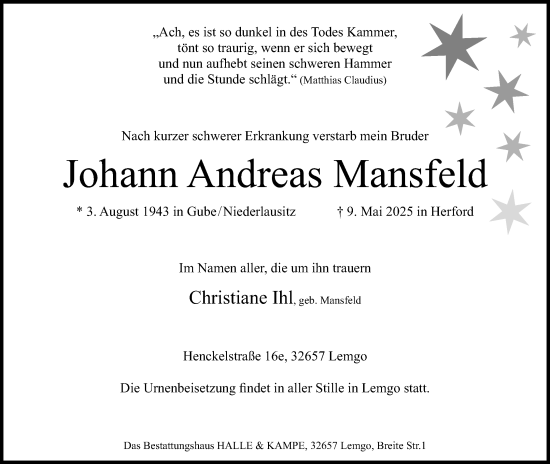 Anzeige  Johann Andreas Mansfeld  Lippische Landes-Zeitung