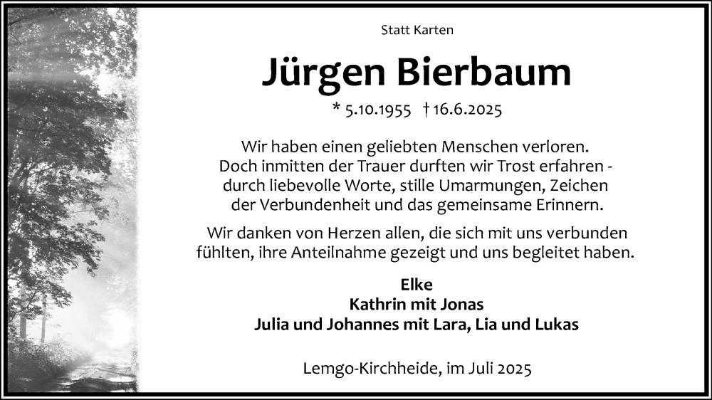  Traueranzeige für Jürgen Bierbaum vom 26.07.2025 aus Lippische Landes-Zeitung