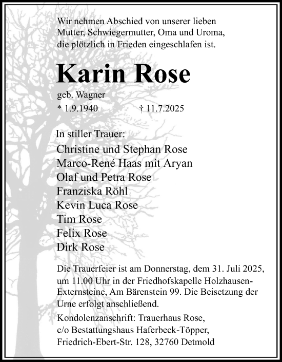 Anzeige  Karin Rose  Lippische Landes-Zeitung