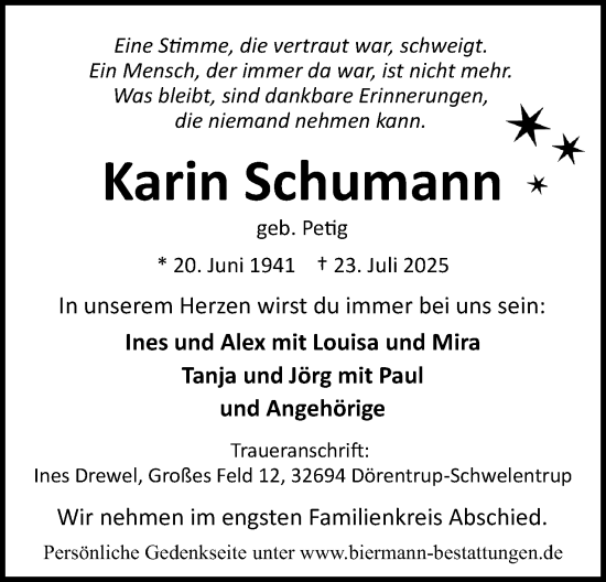 Anzeige  Karin Schumann  Lippische Landes-Zeitung