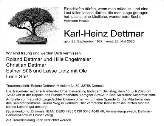Anzeige  Karl-Heinz Dettmar  Lippische Landes-Zeitung