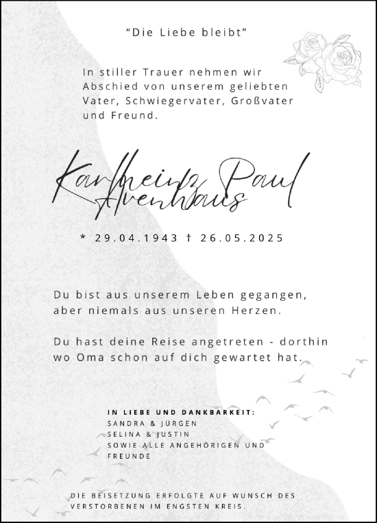 Anzeige  Karlheinz Paul Arenhaus  Lippische Landes-Zeitung