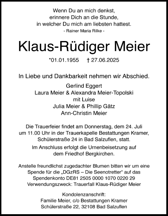 Anzeige  Klaus-Rüdiger Meier  Lippische Landes-Zeitung