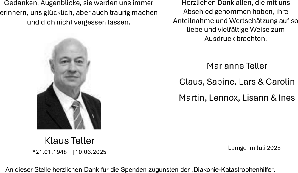  Traueranzeige für Klaus Teller vom 26.07.2025 aus Lippische Landes-Zeitung
