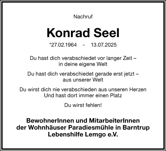 Anzeige  Konrad Seel  Lippische Landes-Zeitung