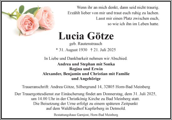 Anzeige  Lucia Götze  Lippische Landes-Zeitung