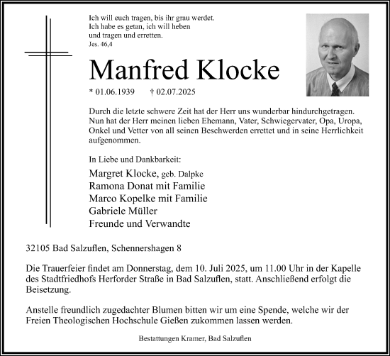 Anzeige  Manfred Klocke  Lippische Landes-Zeitung