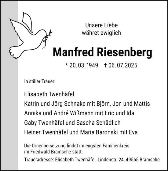 Anzeige  Manfred Riesenberg  Lippische Landes-Zeitung