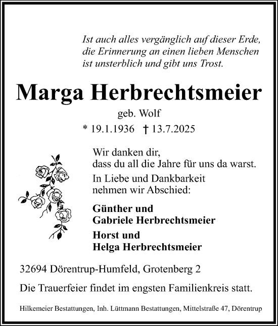 Anzeige  Marga Herbrechtsmeier  Lippische Landes-Zeitung