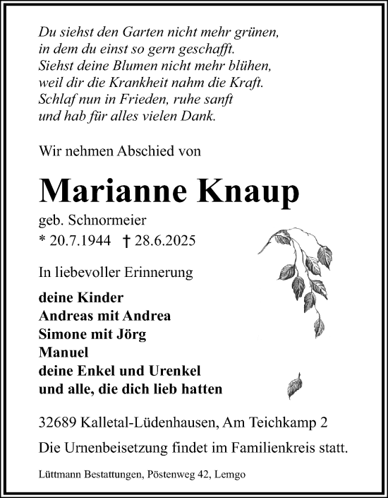 Anzeige  Marianne Knaup  Lippische Landes-Zeitung