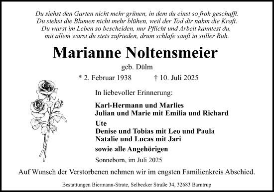 Anzeige  Marianne Noltensmeier  Lippische Landes-Zeitung