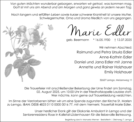 Anzeige  Marie Edler  Lippische Landes-Zeitung